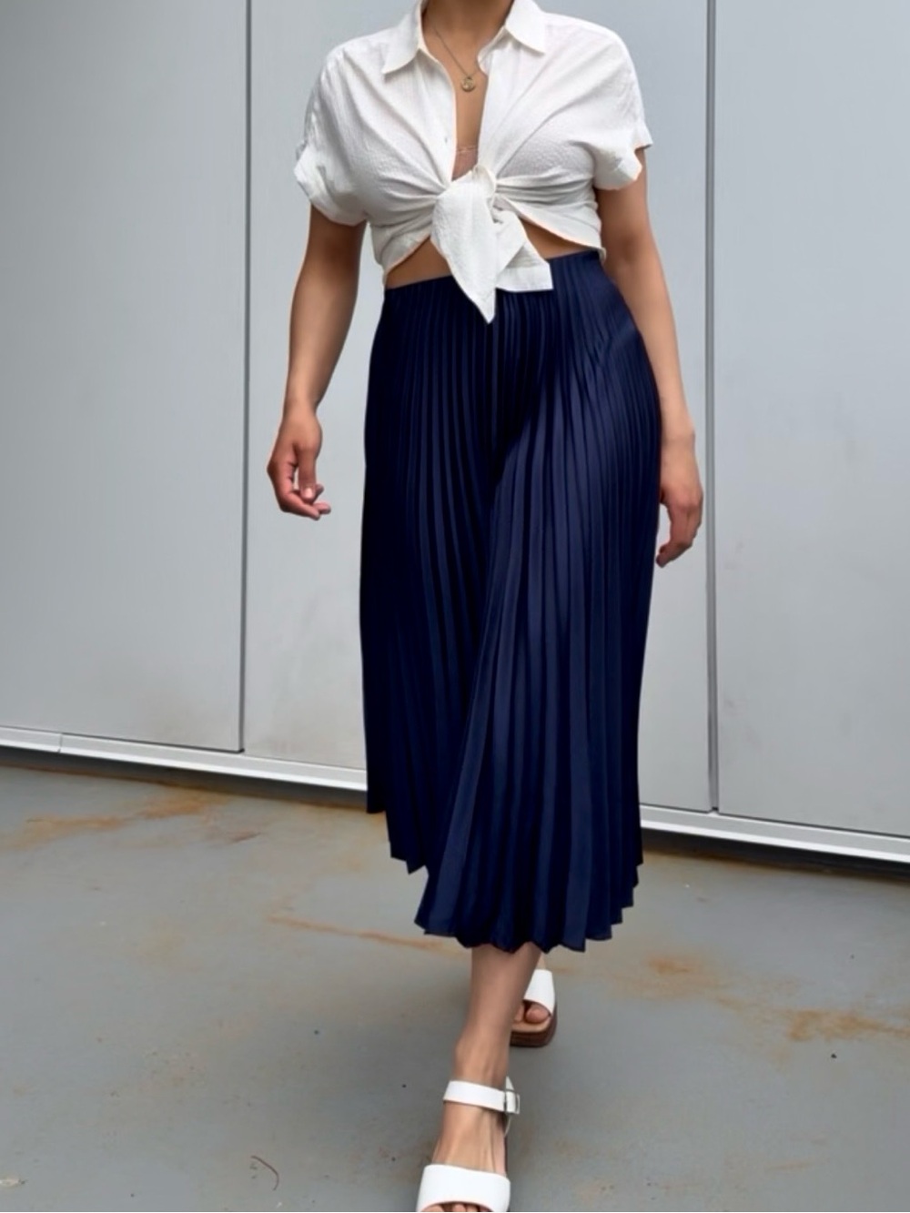Pleated Satin Midi Skirt - Navy - Picture 5 of 5